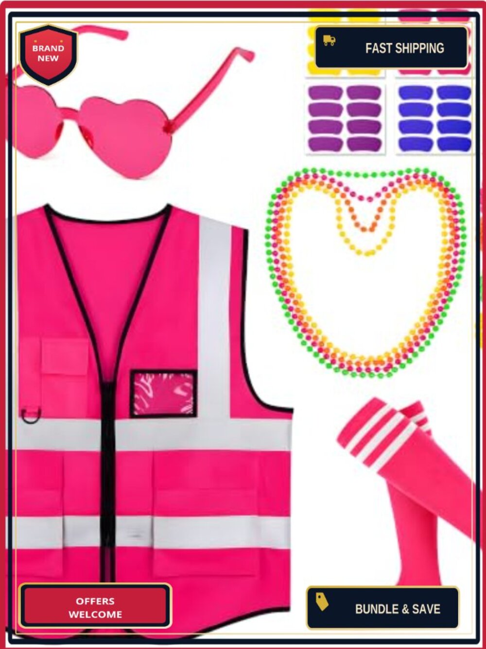 Neon Costume Accessory Set Vest Glasses Socks Bracelets Halloween Football Game